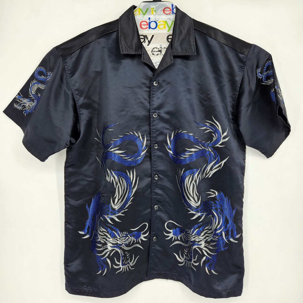 Vintage MT:2 Shirt Mens XXL Black Button Up Dragons AOP Short Sleeve